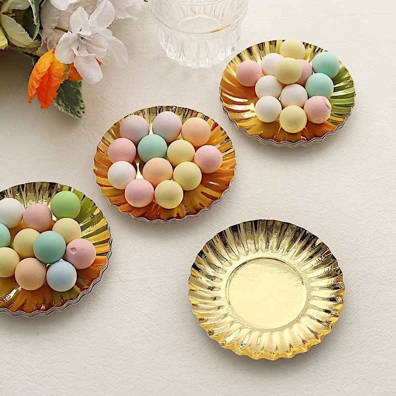 50 Round Metallic Paper Dessert Plates with Scalloped Rim - Disposable Tableware