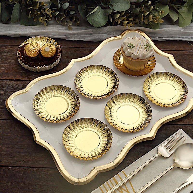 50 Round Metallic Paper Dessert Plates with Scalloped Rim - Disposable Tableware