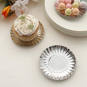 50 Round Metallic Paper Dessert Plates with Scalloped Rim - Disposable Tableware