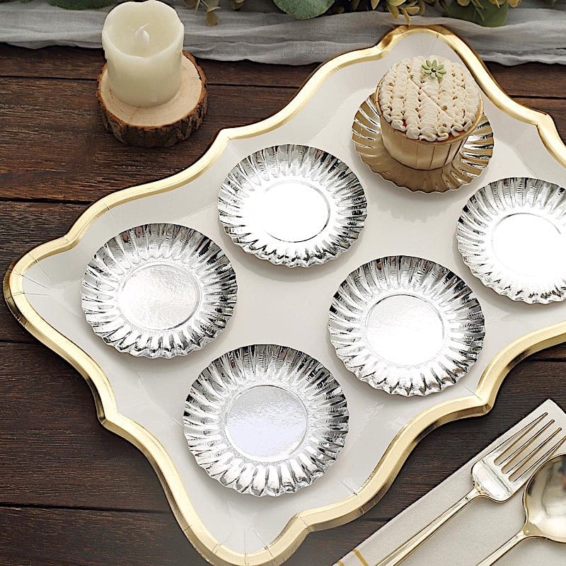 50 Round Metallic Paper Dessert Plates with Scalloped Rim - Disposable Tableware