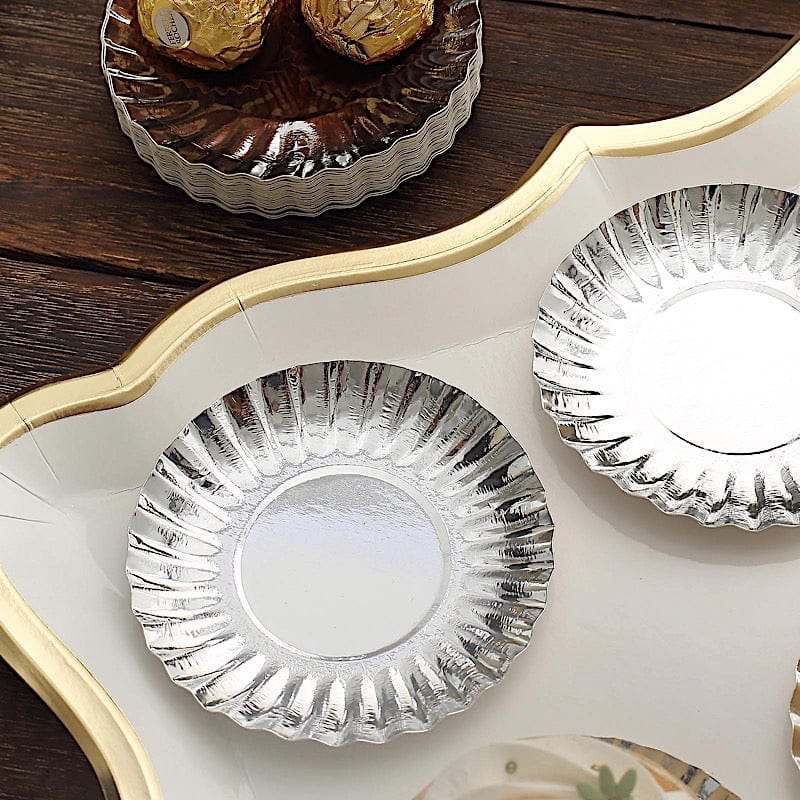 50 Round Metallic Paper Dessert Plates with Scalloped Rim - Disposable Tableware