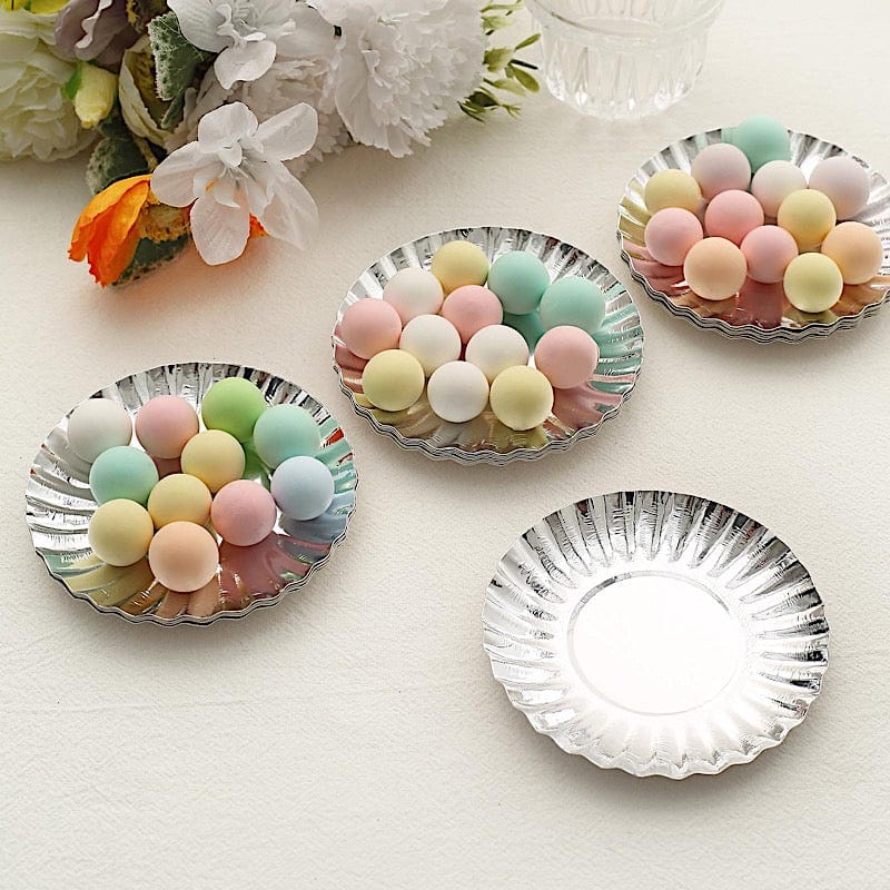 50 Round Metallic Paper Dessert Plates with Scalloped Rim - Disposable Tableware