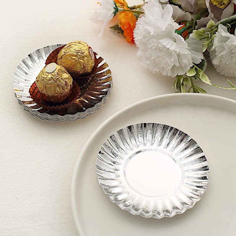 50 Round Metallic Paper Dessert Plates with Scalloped Rim - Disposable Tableware
