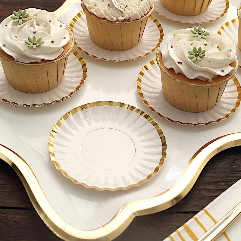 50 Round Metallic Paper Dessert Plates with Scalloped Rim - Disposable Tableware