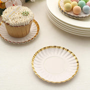 50 Round Metallic Paper Dessert Plates with Scalloped Rim - Disposable Tableware