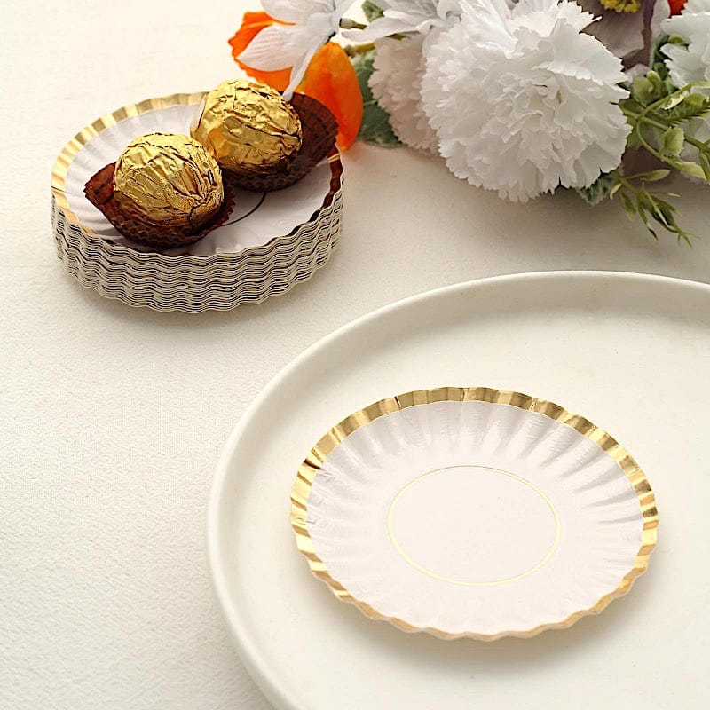 50 Round Metallic Paper Dessert Plates with Scalloped Rim - Disposable Tableware