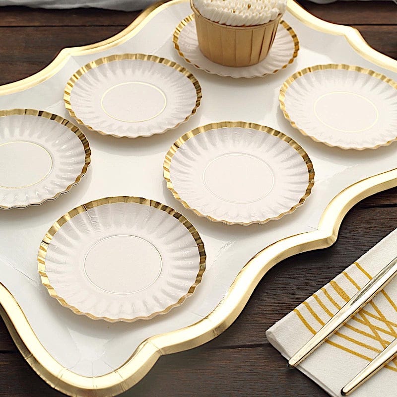 50 Round Metallic Paper Dessert Plates with Scalloped Rim - Disposable Tableware