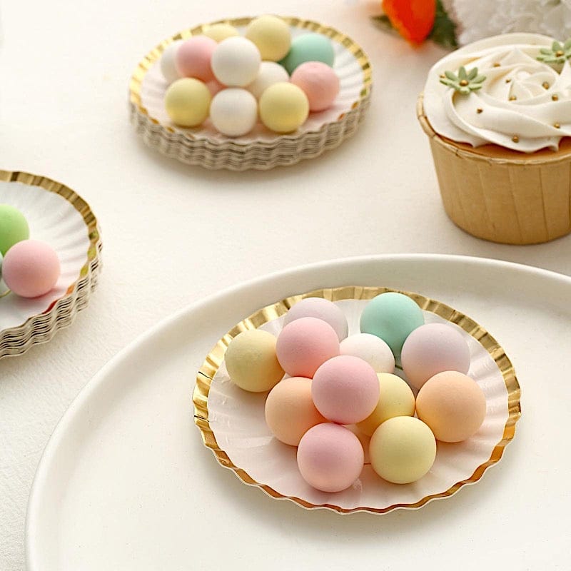 50 Round Metallic Paper Dessert Plates with Scalloped Rim - Disposable Tableware