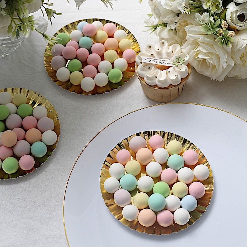 50 Round Metallic Paper Dessert Plates with Scalloped Rim - Disposable Tableware