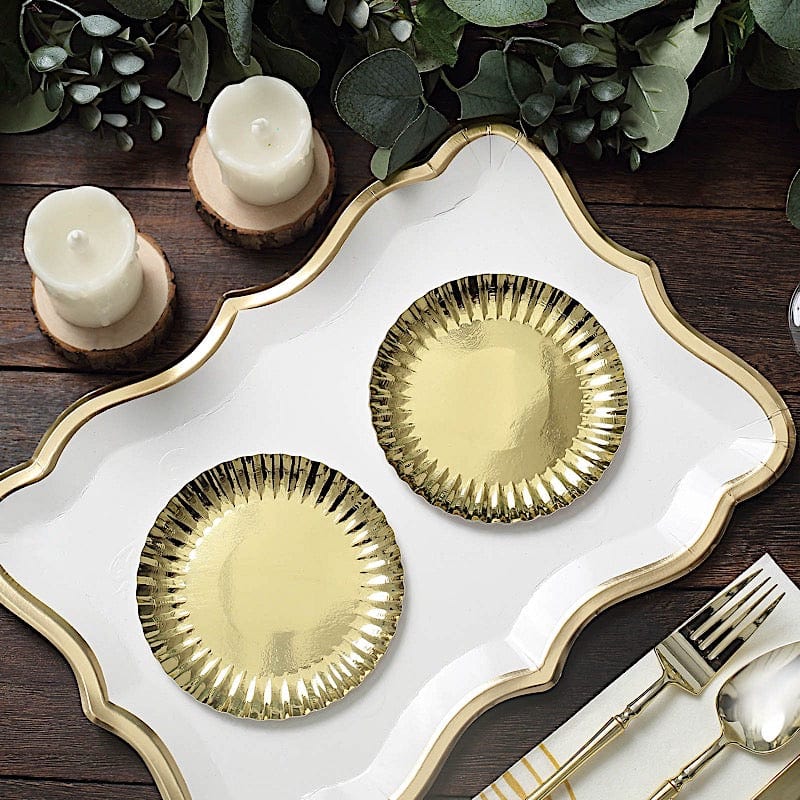 50 Round Metallic Paper Dessert Plates with Scalloped Rim - Disposable Tableware