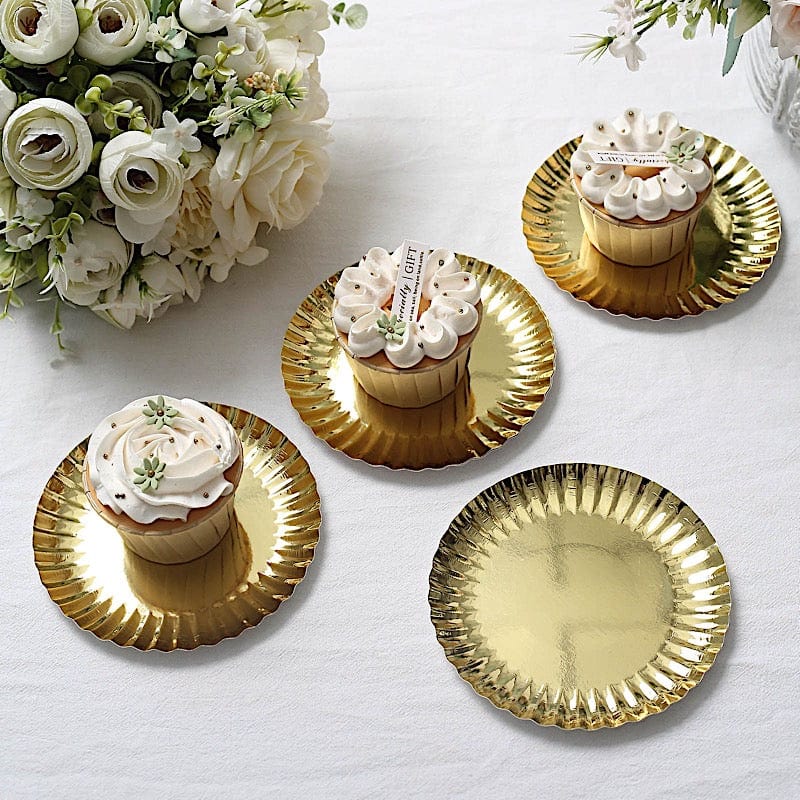 50 Round Metallic Paper Dessert Plates with Scalloped Rim - Disposable Tableware