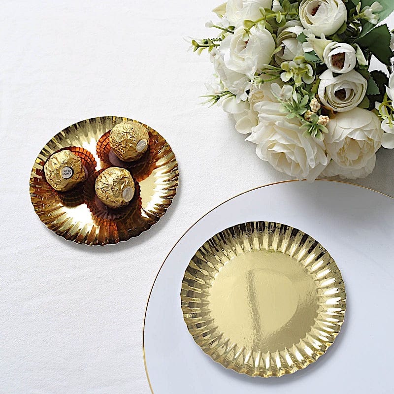50 Round Metallic Paper Dessert Plates with Scalloped Rim - Disposable Tableware