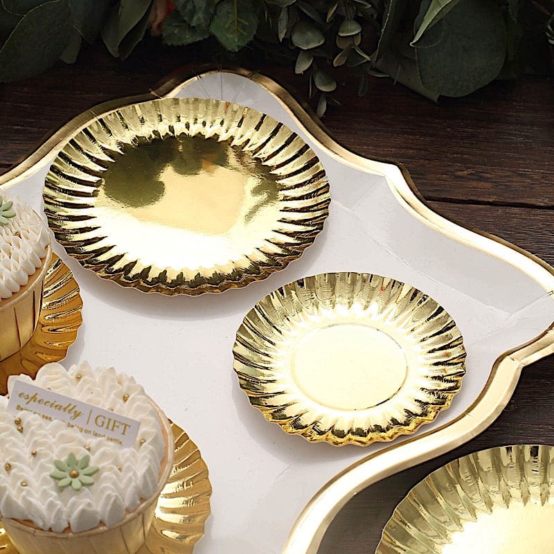 50 Round Metallic Paper Dessert Plates with Scalloped Rim - Disposable Tableware