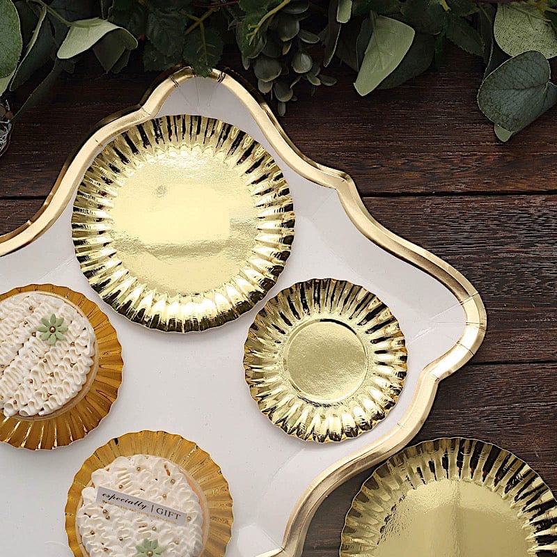 50 Round Metallic Paper Dessert Plates with Scalloped Rim - Disposable Tableware