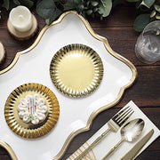 50 Round Metallic Paper Dessert Plates with Scalloped Rim - Disposable Tableware
