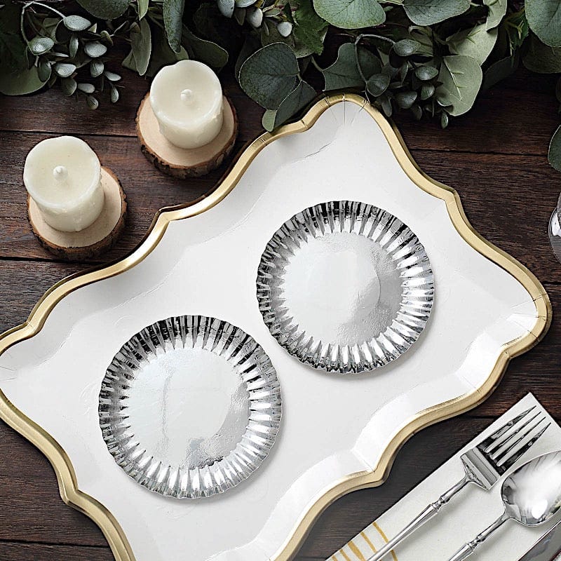 50 Round Metallic Paper Dessert Plates with Scalloped Rim - Disposable Tableware