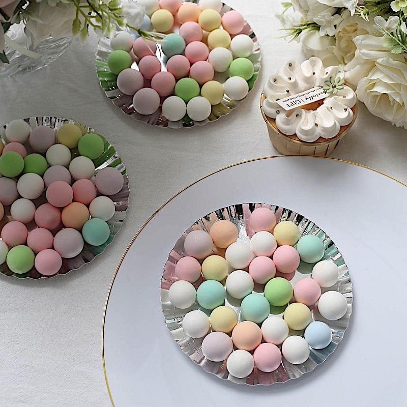 50 Round Metallic Paper Dessert Plates with Scalloped Rim - Disposable Tableware