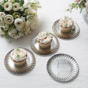50 Round Metallic Paper Dessert Plates with Scalloped Rim - Disposable Tableware