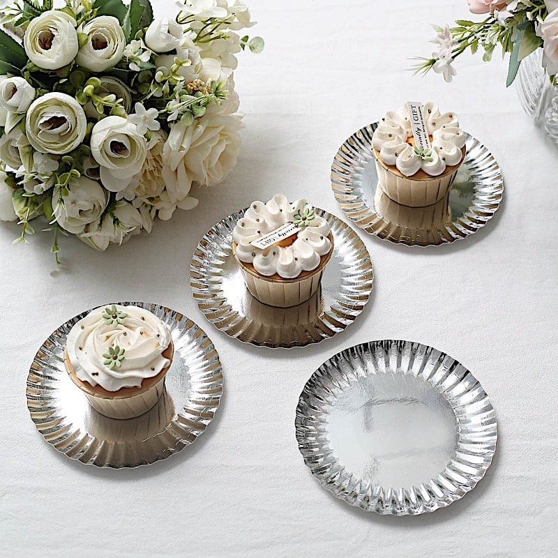 50 Round Metallic Paper Dessert Plates with Scalloped Rim - Disposable Tableware