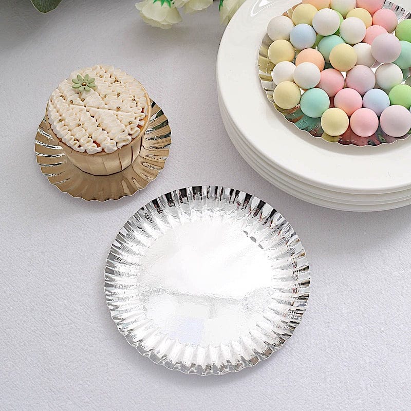 50 Round Metallic Paper Dessert Plates with Scalloped Rim - Disposable Tableware