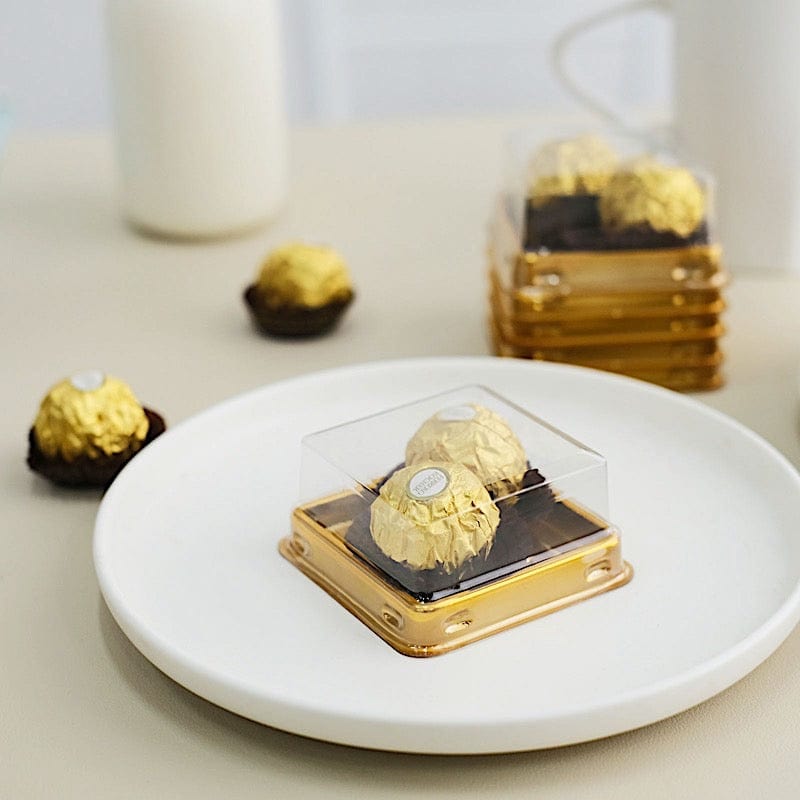 50 Square 3" Mini Cupcake Boxes with Dome Plastic Favor Holders - Gold and Clear PLTC_FIL_029S_GOLD