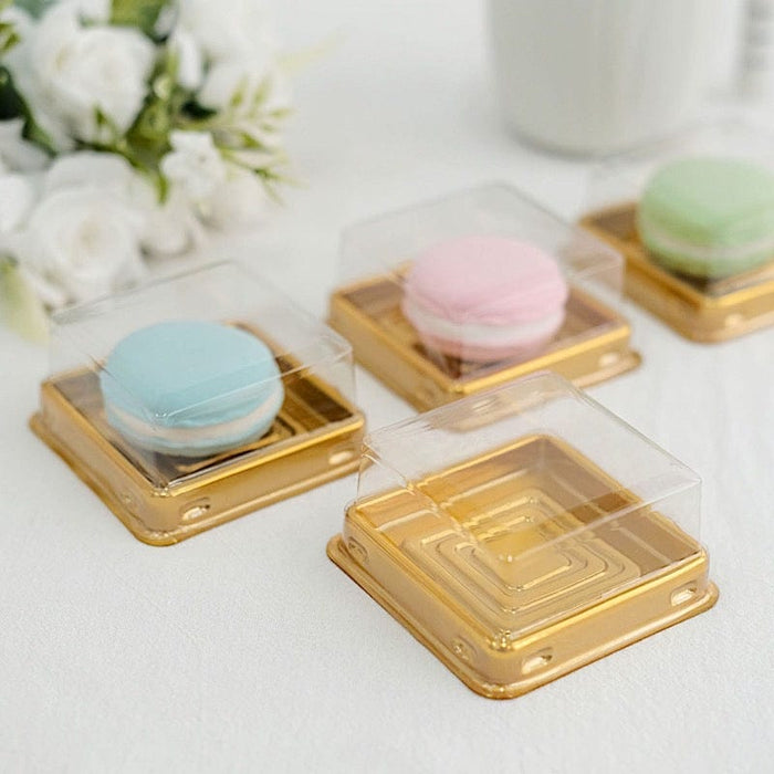 50 Square 3" Mini Cupcake Boxes with Dome Plastic Favor Holders - Gold and Clear PLTC_FIL_029S_GOLD