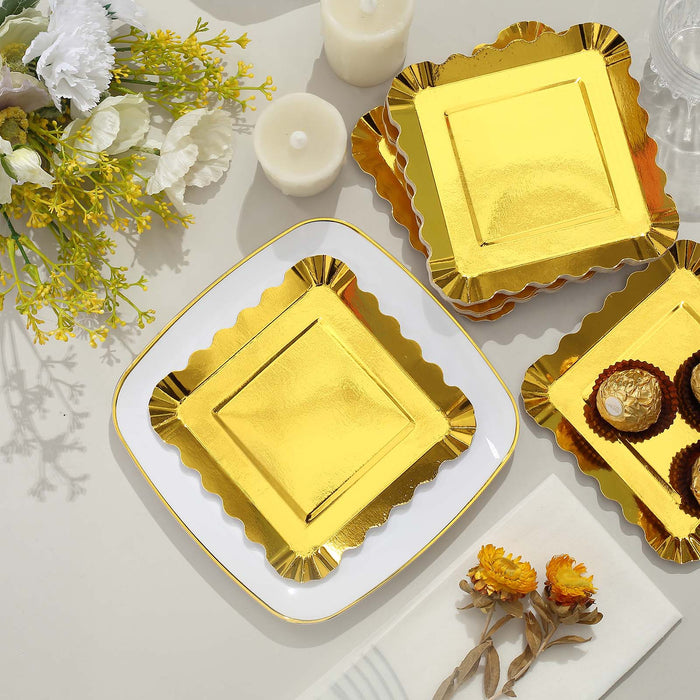 50 Square 5" Gold Paper Dessert Plates with Scalloped Rim - Disposable Tableware DSP_PPS0019_5_GOLD