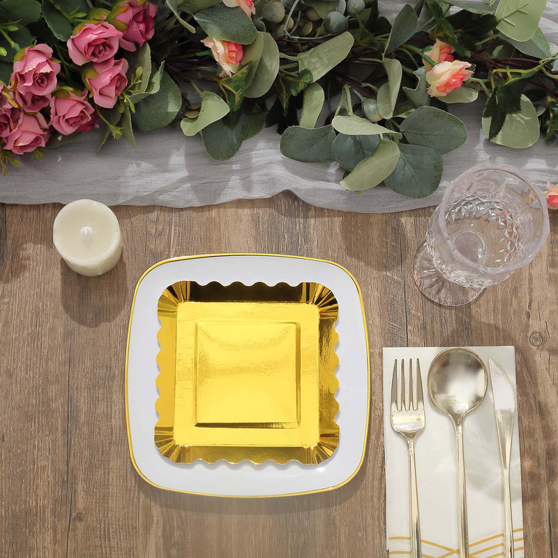 50 Square 5" Gold Paper Dessert Plates with Scalloped Rim - Disposable Tableware DSP_PPS0019_5_GOLD