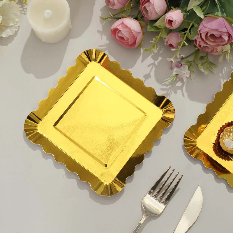 50 Square 5" Gold Paper Dessert Plates with Scalloped Rim - Disposable Tableware DSP_PPS0019_5_GOLD