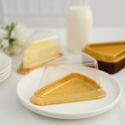 50 Triangle Cake Slice Boxes Plastic Wedding Favor Holders - Gold and Clear BOX_5X3_CAKE05_GOLD