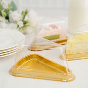 50 Triangle Cake Slice Boxes Plastic Wedding Favor Holders - Gold and Clear BOX_5X3_CAKE05_GOLD