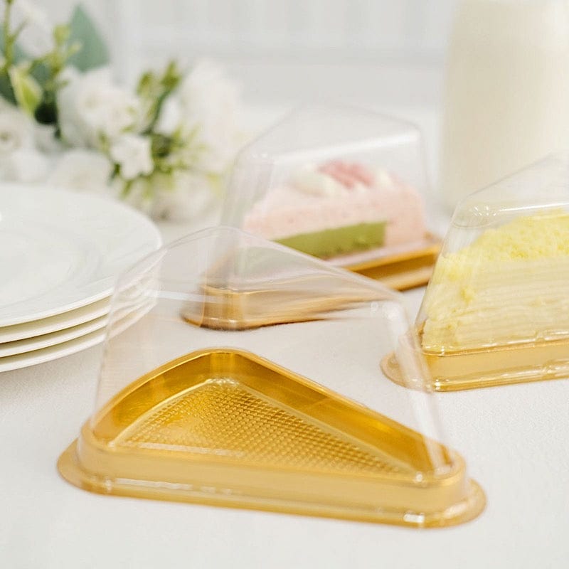 50 Triangle Cake Slice Boxes Plastic Wedding Favor Holders - Gold and Clear BOX_5X3_CAKE05_GOLD