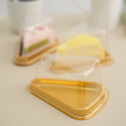 50 Triangle Cake Slice Boxes Plastic Wedding Favor Holders - Gold and Clear BOX_5X3_CAKE05_GOLD
