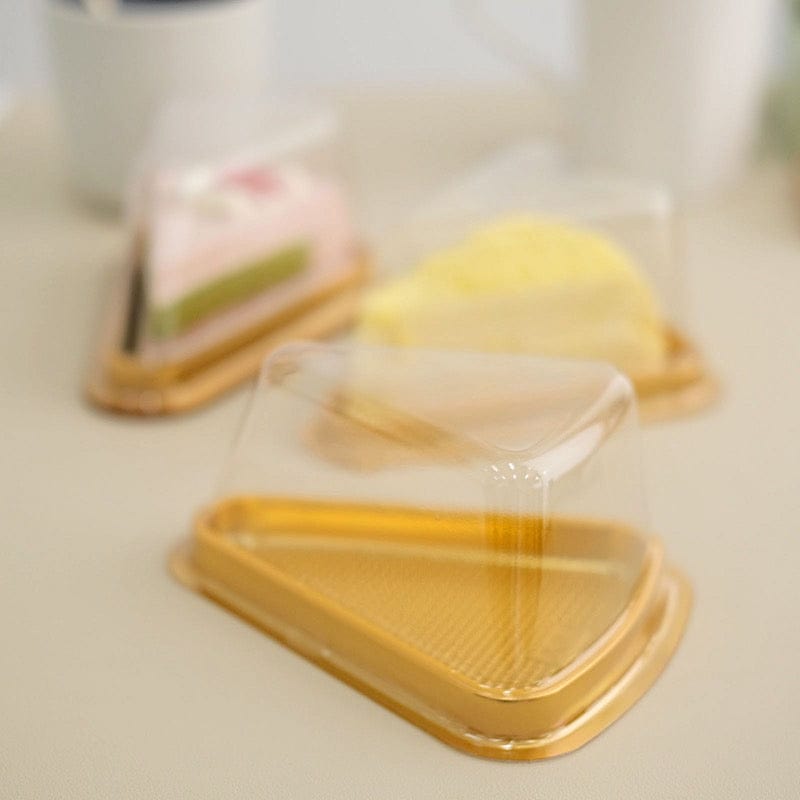 50 Triangle Cake Slice Boxes Plastic Wedding Favor Holders - Gold and Clear BOX_5X3_CAKE05_GOLD