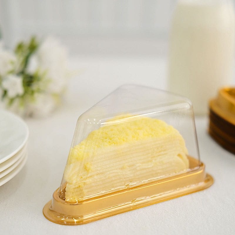 50 Triangle Cake Slice Boxes Plastic Wedding Favor Holders - Gold and Clear BOX_5X3_CAKE05_GOLD