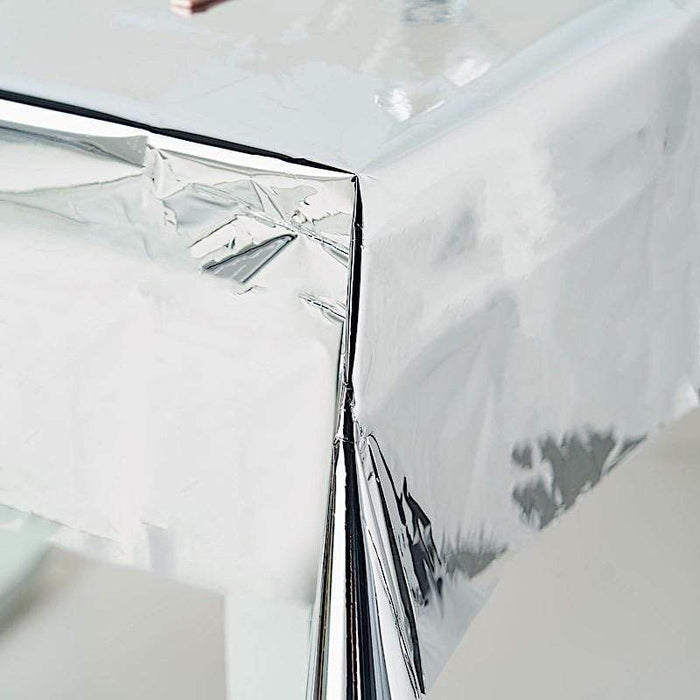 50" x 50" Square Metallic Disposable Plastic Tablecloth - Silver TAB_FOL_01_50X50_SILV