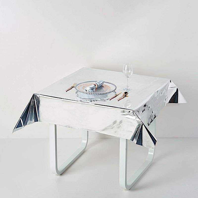 50" x 50" Square Metallic Disposable Plastic Tablecloth - Silver TAB_FOL_01_50X50_SILV