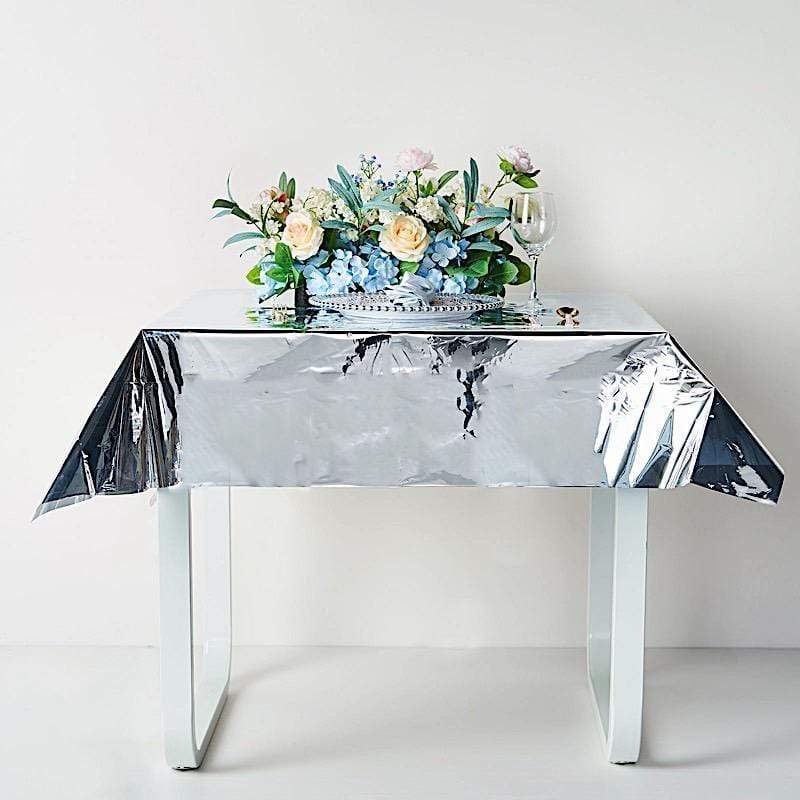 50" x 50" Square Metallic Disposable Plastic Tablecloth - Silver TAB_FOL_01_50X50_SILV