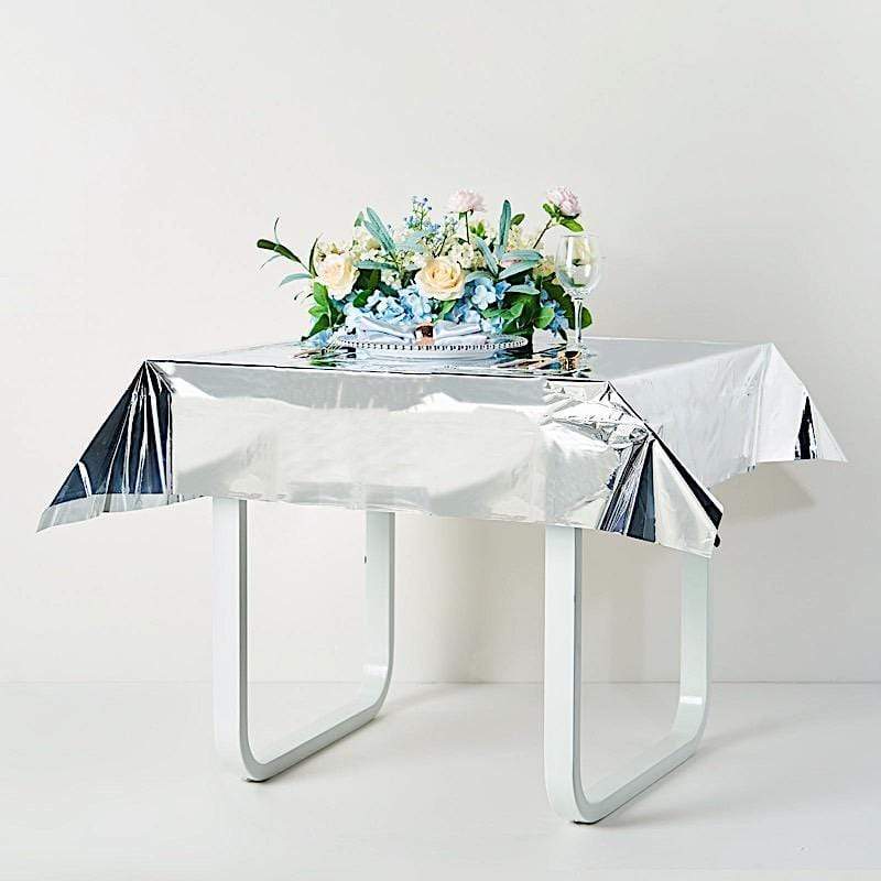 50" x 50" Square Metallic Disposable Plastic Tablecloth - Silver TAB_FOL_01_50X50_SILV