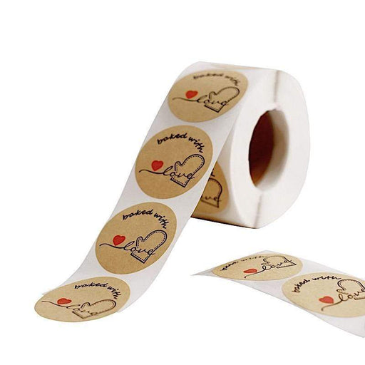 500 Baked with Love 1.5" Round Self Adhesive Stickers Roll - Natural and Black STK_HM_002_15