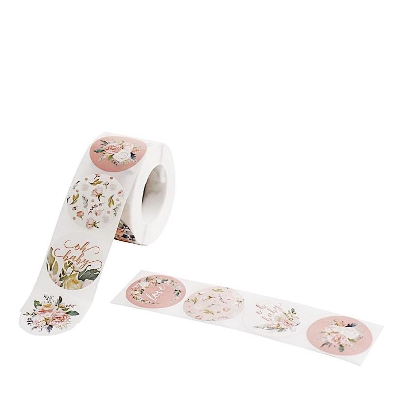 500 Round Floral Self Adhesive Baby Shower Stickers Roll - Assorted STK_BABY_001_15