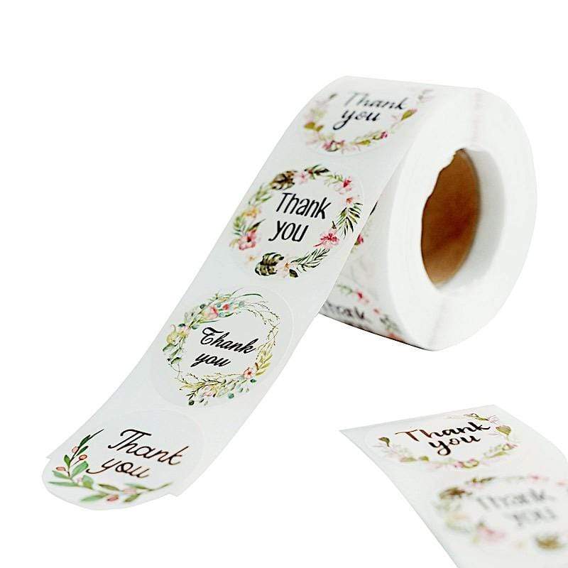 500 Thank You 1.5" Round Self Adhesive Floral Stickers Roll - White with Black STK_THKS_005_15