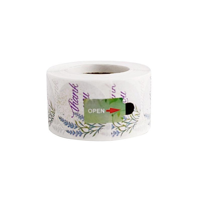 500 Thank You 1.5" Round Self Adhesive Floral Stickers Roll - White with Purple STK_THKS_006_15