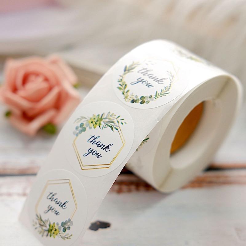 500 Thank You 1.5" Round Self Adhesive Greenery Frame Stickers Roll - White with Black STK_THKS_001_15