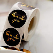 500 Thank You 1.5" Round Self Adhesive Stickers Roll - Black with Gold STK_THKS_008_15_BLK