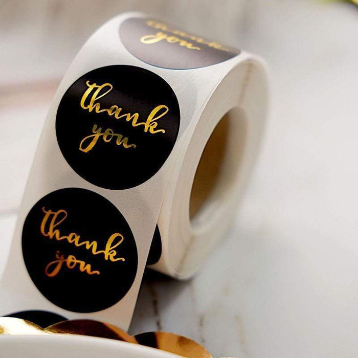 500 Thank You 1.5" Round Self Adhesive Stickers Roll - Black with Gold STK_THKS_008_15_BLK