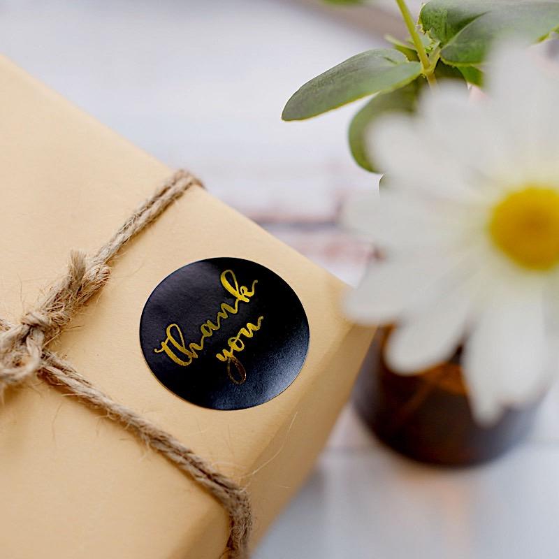 500 Thank You 1.5" Round Self Adhesive Stickers Roll - Black with Gold STK_THKS_008_15_BLK