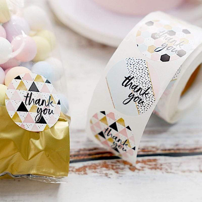 500 Thank You 1.5" Round Self Adhesive Stickers Roll with Geometric Design - Assorted STK_THKS_002_15