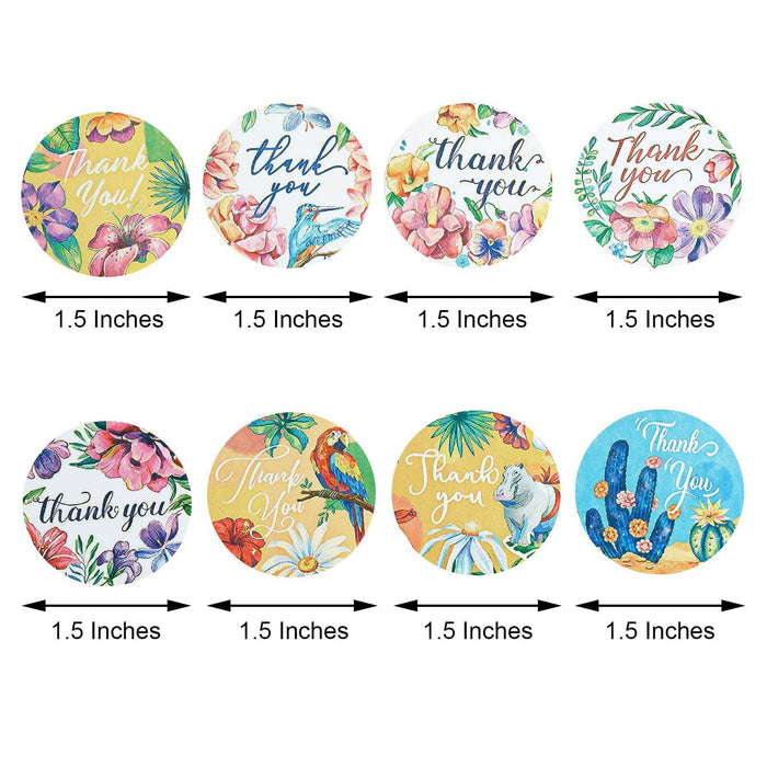 500 Thank You 1.5" Round Self Adhesive Tropical Floral Stickers Roll - Assorted STK_THKS_004_15