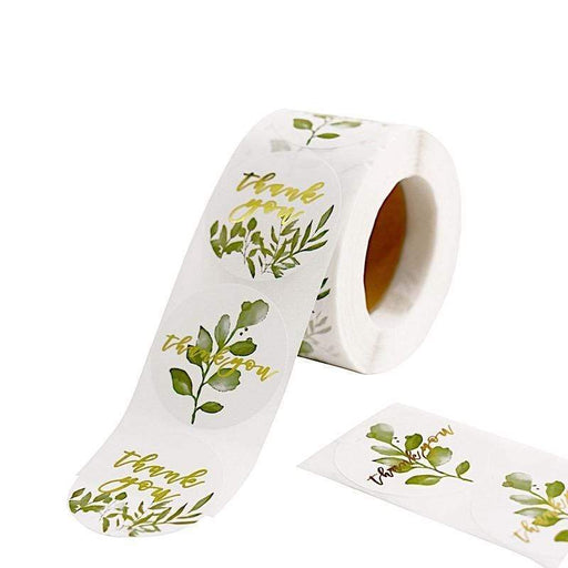 500 Thank You 1.5" Round Self Adhesive with Leaves Stickers Roll - White and Gold STK_THKS_010_15
